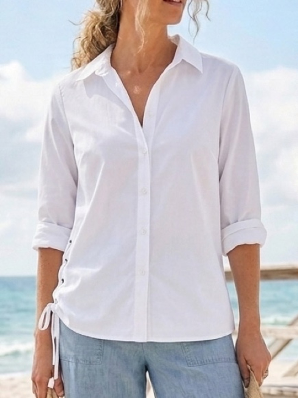 Bella Dahl Lace Up White Button Down Shirt Coastal Quiet Luxury Minimalist Sz L